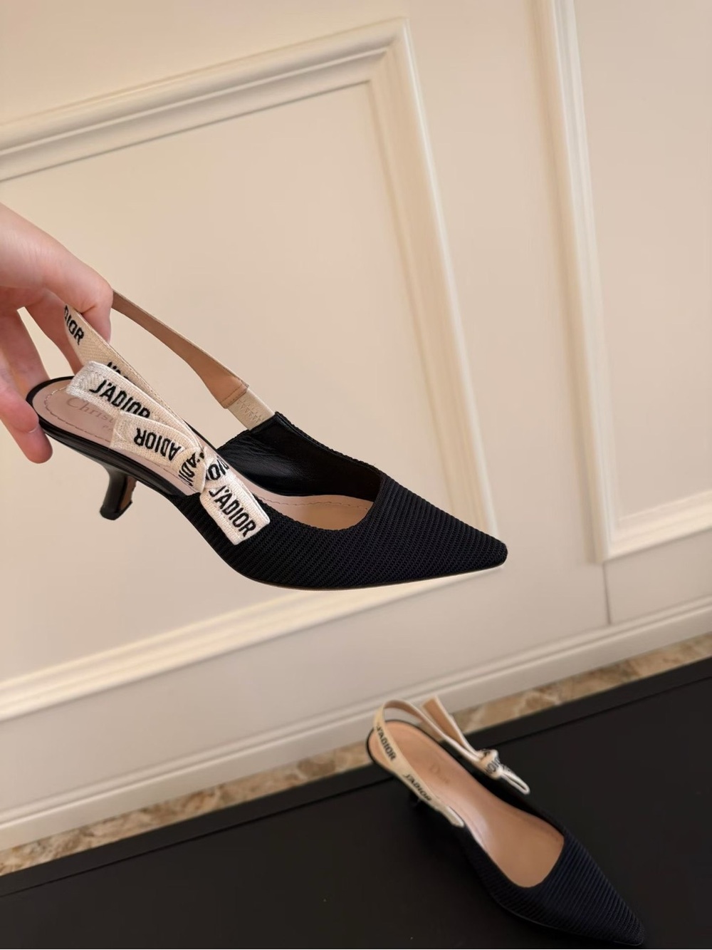 Dior Black Pointed Slingback Heels with J'Adior Ribbon - Picture 2 of 5